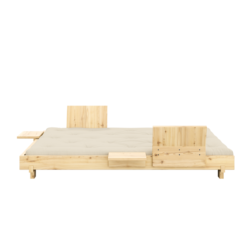 SOCIAL SOFA natural pine (pohovka z borovice) - rozmer: 140x200x15 cm + 2 opěrná čela a 2 boční stolíky, farba futonu: mocca 755, farba: natural (lak)