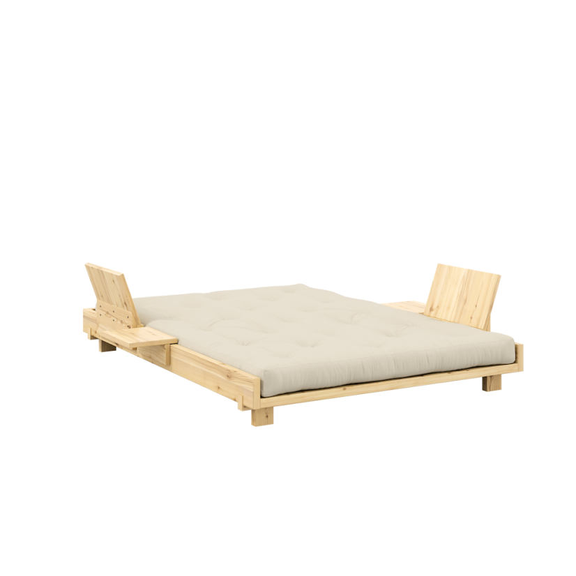 SOCIAL SOFA natural pine (pohovka z borovice) - rozmer: 140x200x15 cm + 2 opěrná čela a 2 boční stolíky, farba futonu: mocca 755, farba: natural (lak)