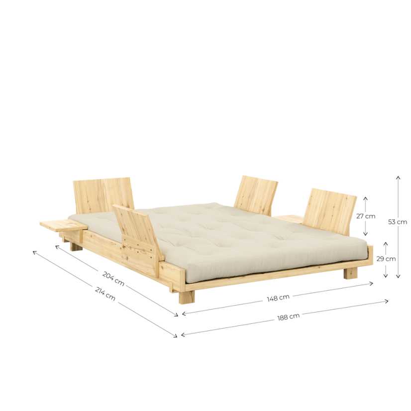 SOCIAL SOFA natural pine (pohovka z borovice) - rozmer: 140x200x15 cm + 2 opěrná čela a 2 boční stolíky, farba futonu: mocca 755, farba: natural (lak)